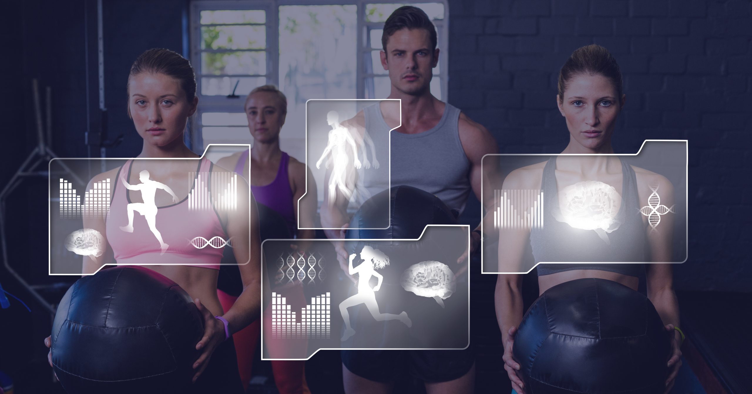 Digital composite of Athletic fit group of people in gym with health interface