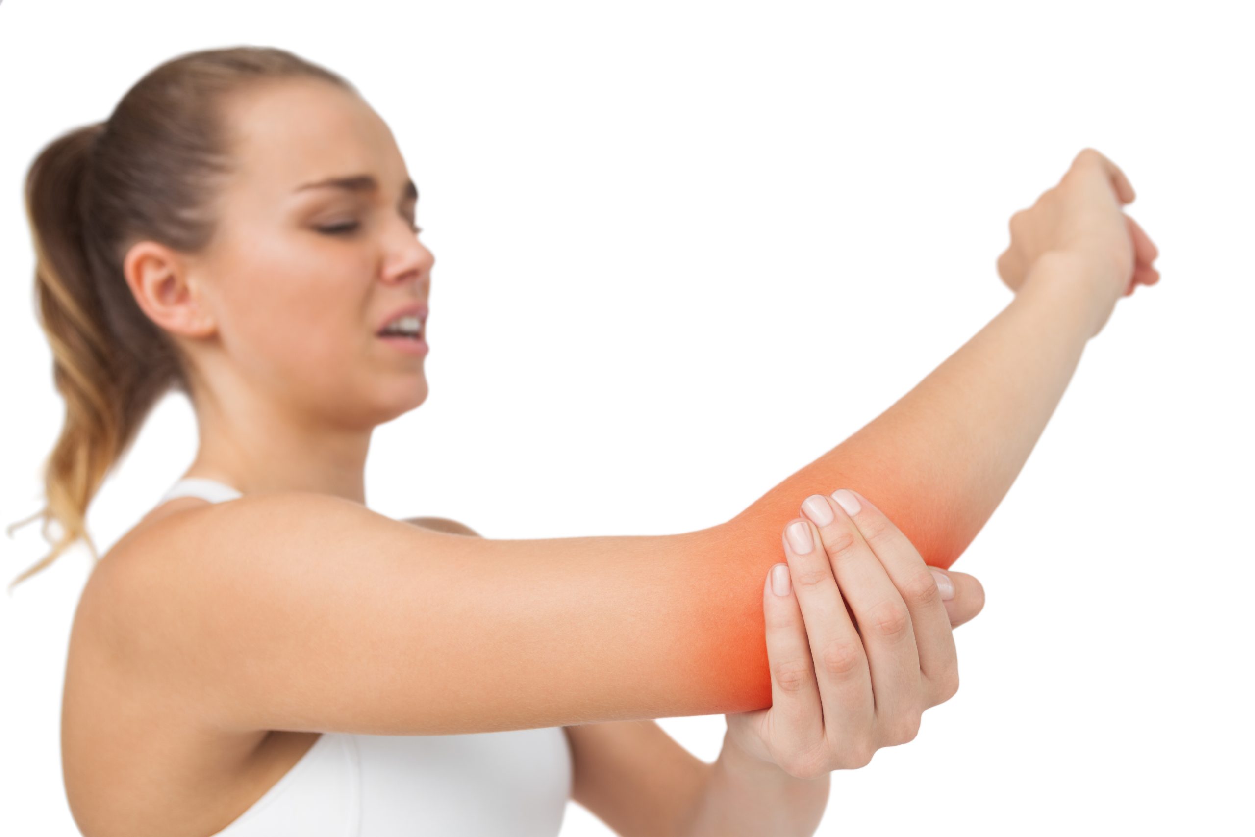 Suffering young woman touching her sore elbow on white background