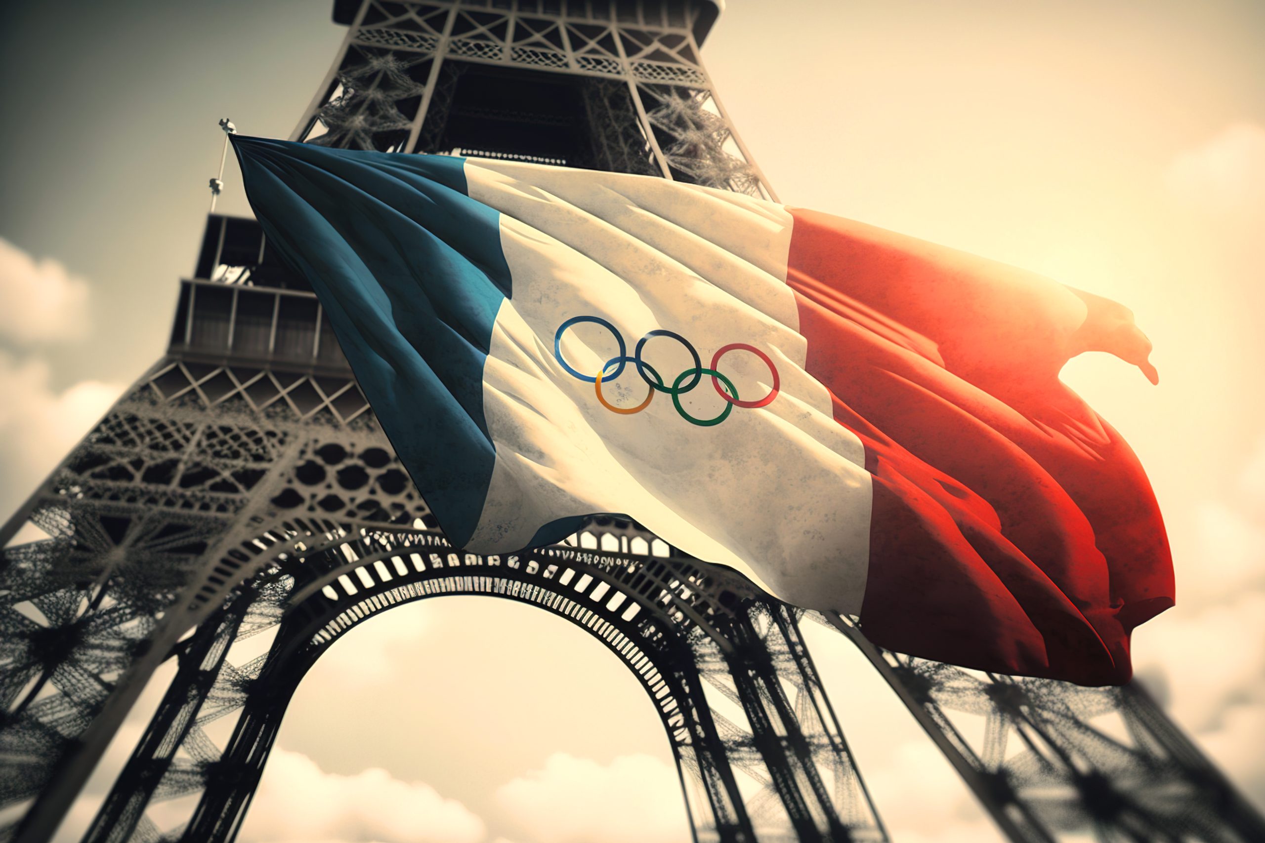French flag with five rings on Eiffel Tower, Olympic Games in Pa